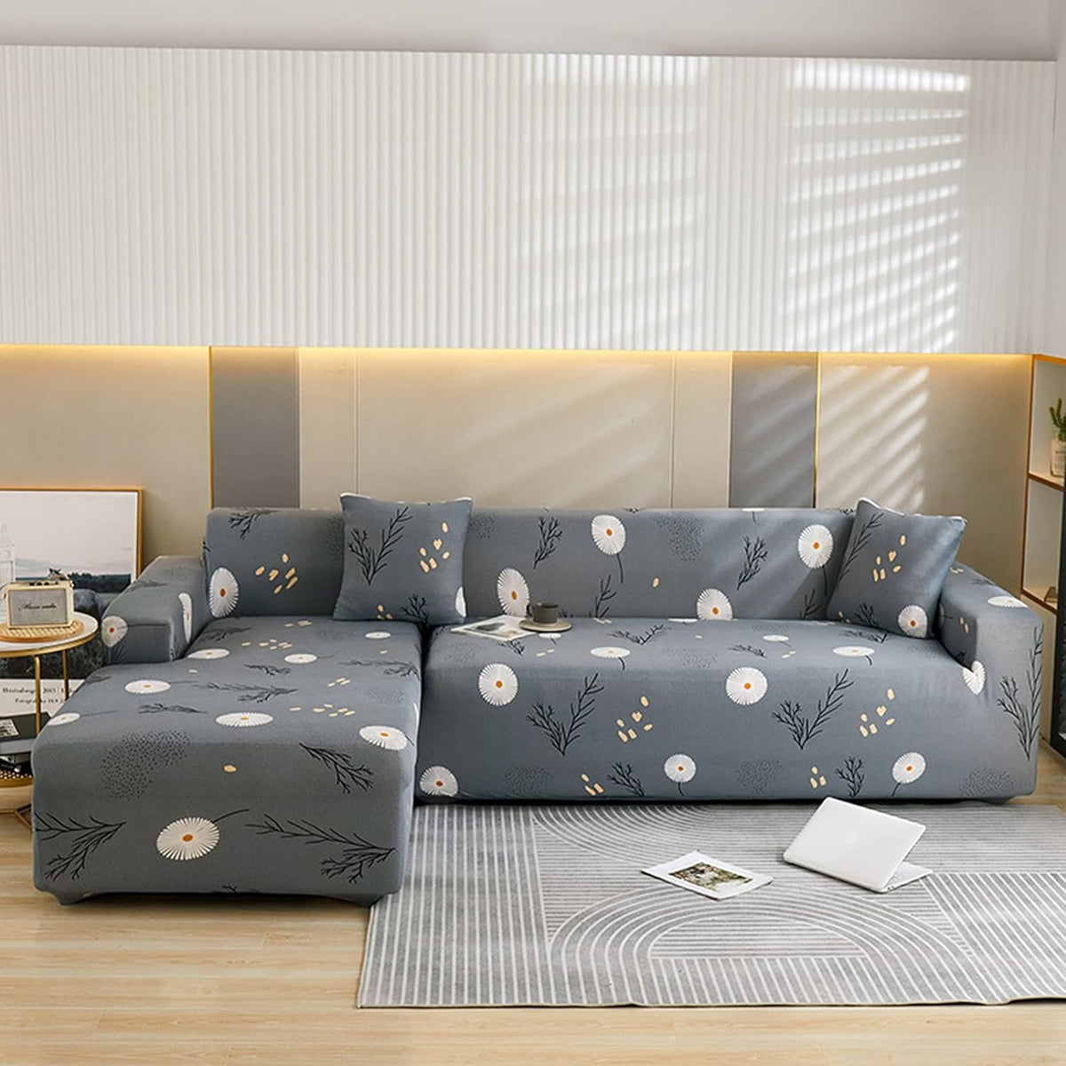 L Shape Sofa Cover - Grey Daisy