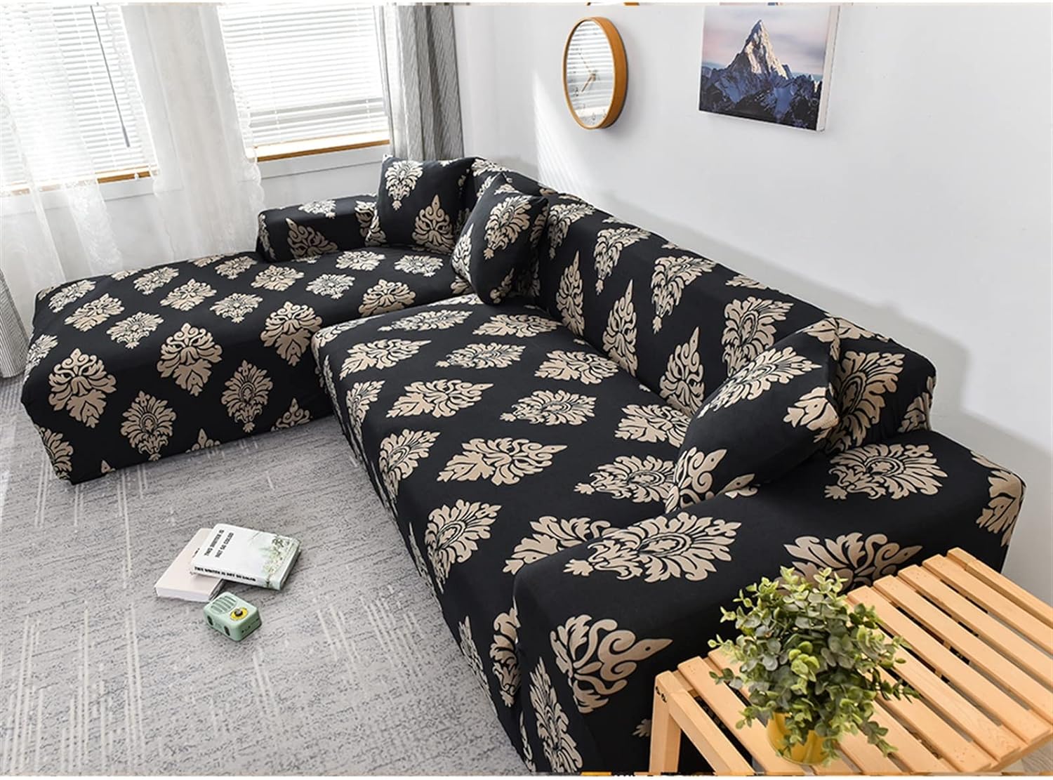 L Shape Sofa Cover - Black Brocade