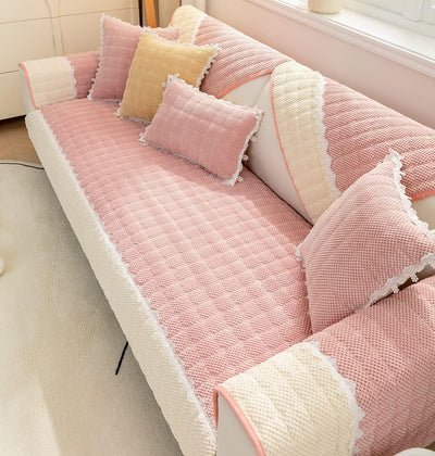 French Corduroy Lace Sofa Mat - Sweet Pink