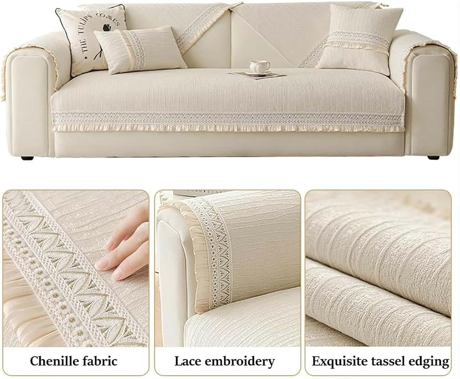 RUFFLE LACE ANTI SKID SOFA MAT - BEIGE