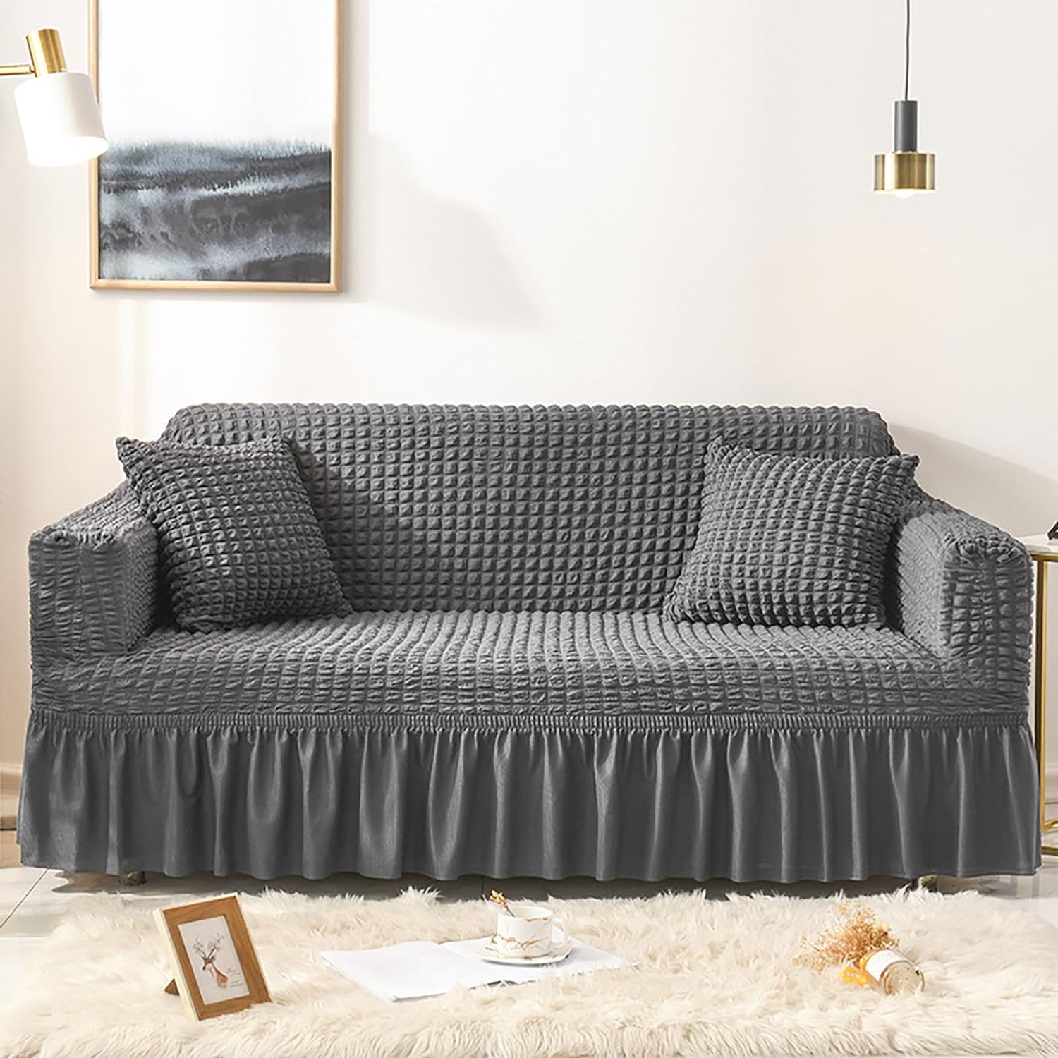 2026 Turkish Bubble Frill Sofa Covers : Dark Grey