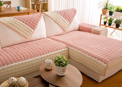 French Corduroy Lace Sofa Mat - Sweet Pink