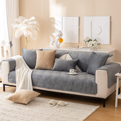 ANTI SKID PALM LEAVES QUILTED SOFA MAT  -  GREY