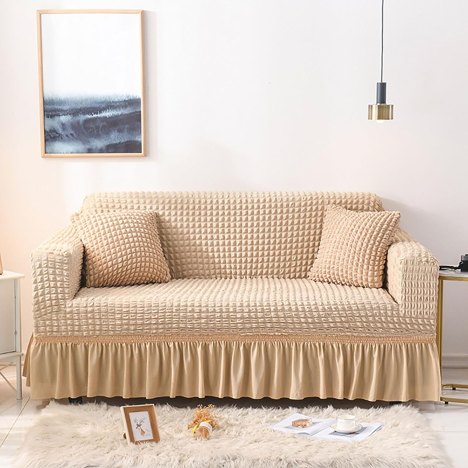 2026 Turkish Bubble Frill Sofa Covers : Beige