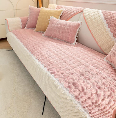 French Corduroy Lace Sofa Mat - Sweet Pink