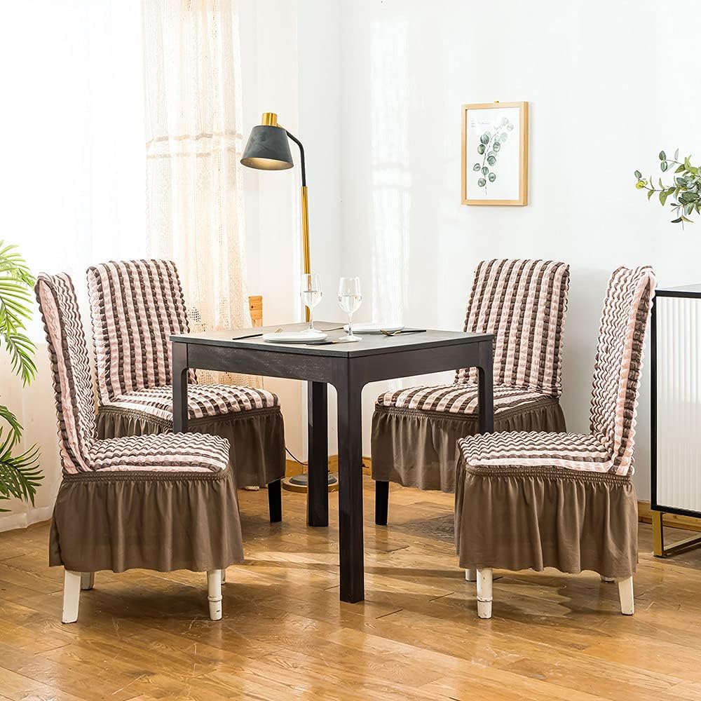 2026 Turkish Bubble Frill Chair Covers : Beige Brown Stripe