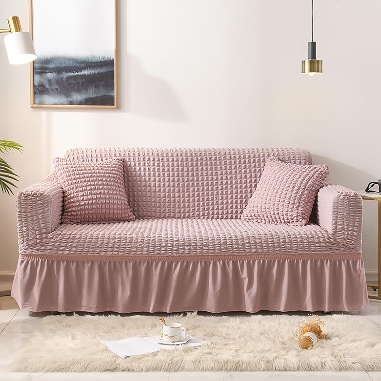2026 Turkish Bubble Frill Sofa Covers : Blush Pink