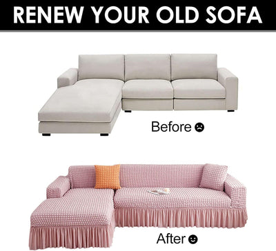 2025 L Shape Turkish Bubble Frill Sofa Covers : Blush Pink