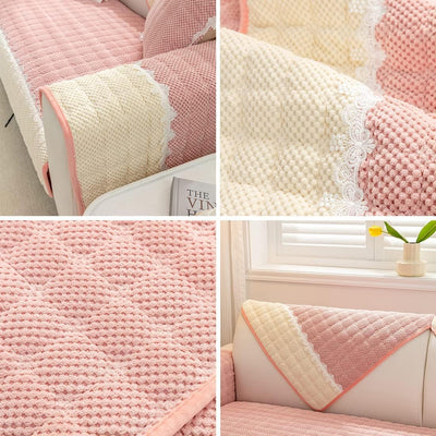 French Corduroy Lace Sofa Mat - Sweet Pink