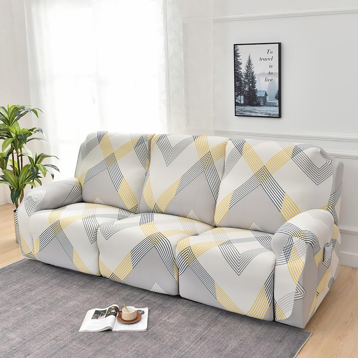Premium Printed Recliner Sofa Cover : Yellow Curve