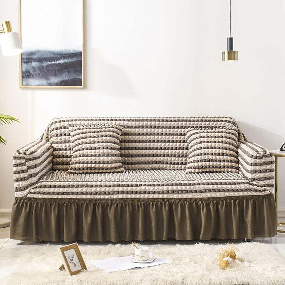 2026 Turkish Bubble Frill Sofa Covers : Beige Brown Stripe
