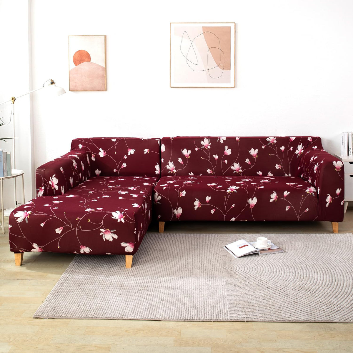 L Shape Sofa Cover - Floral Maroon