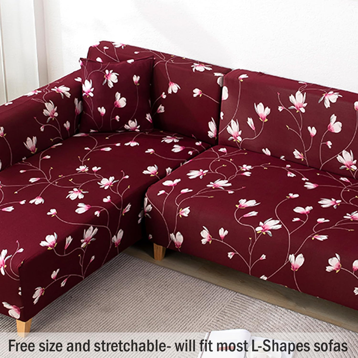 L Shape Sofa Cover - Floral Maroon