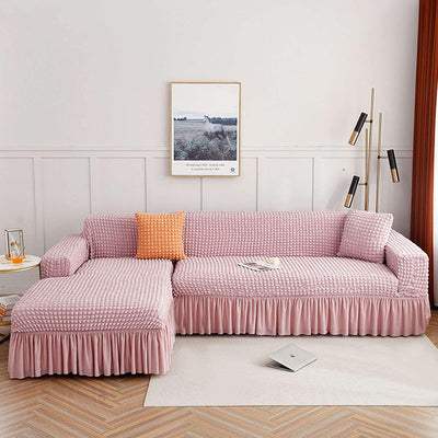 2025 L Shape Turkish Bubble Frill Sofa Covers : Blush Pink