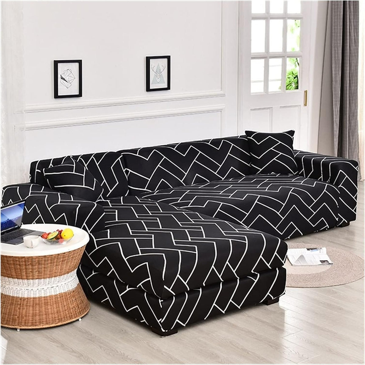 L Shape Sofa Cover - Black Herringbone