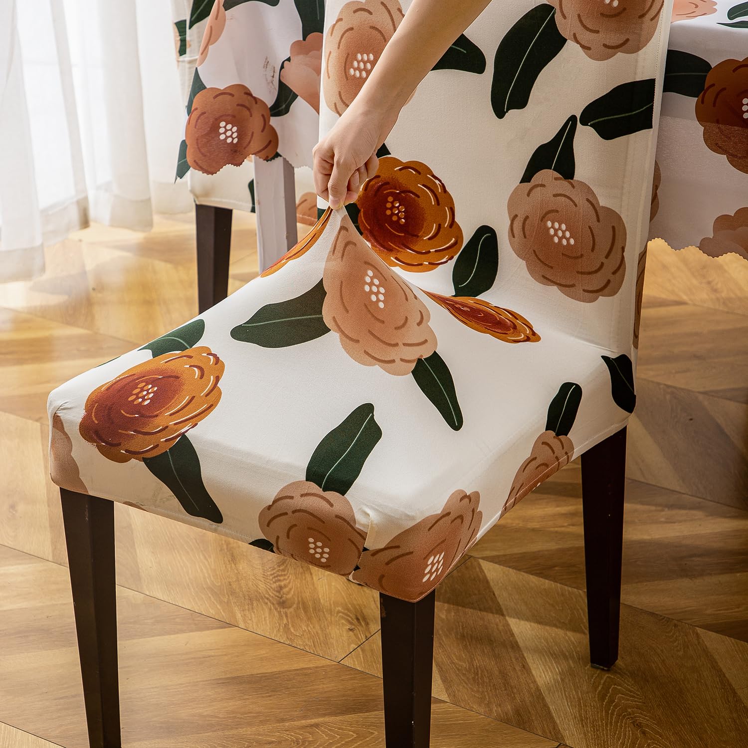 Premium Dining Table & Chair Cover Combo - White Brown Flower