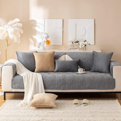 ANTI SKID PALM LEAVES QUILTED SOFA MAT  -  GREY