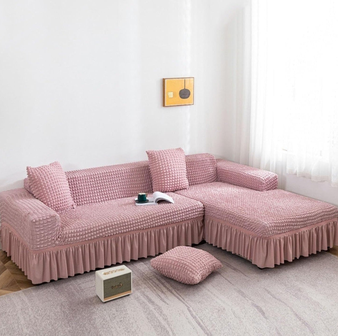 2026 L Shape Turkish Bubble Frill Sofa Covers : Blush Pink