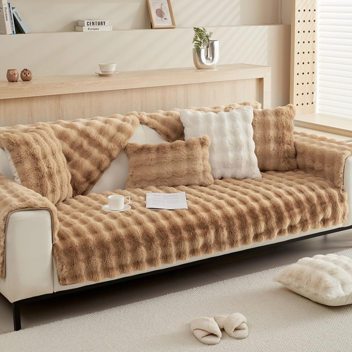 Plush Non Slip Sofa Mat - Camel Brown