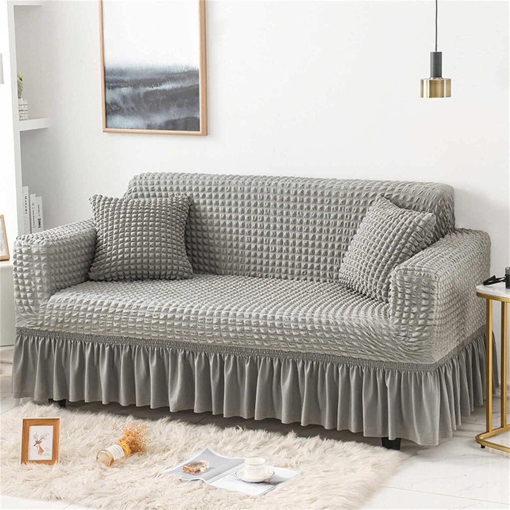 2023 Turkish Bubble Frill Sofa Covers : Grey