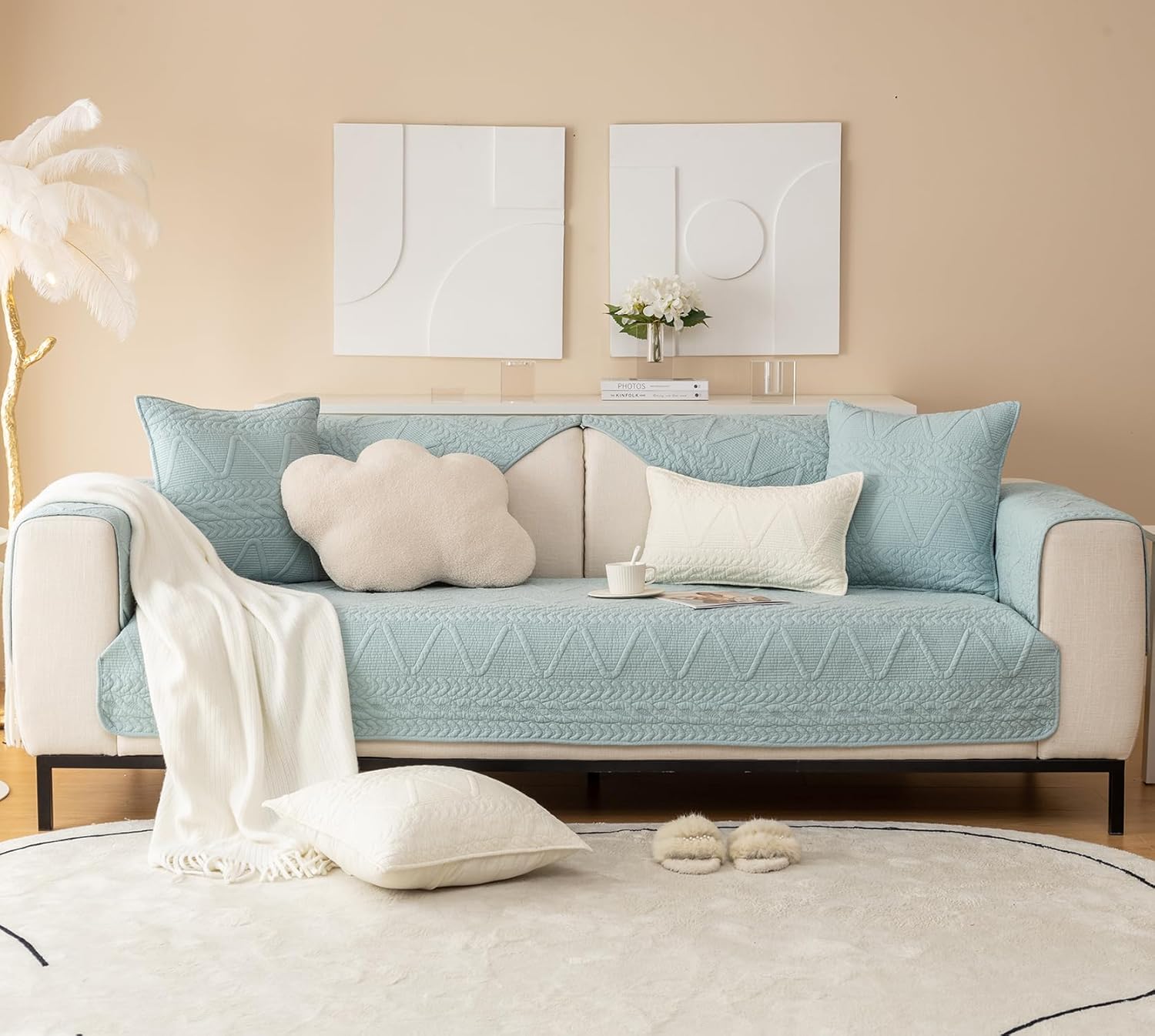 PREMIUM COTTON QUILTED SOFA MAT - POWDER BLUE