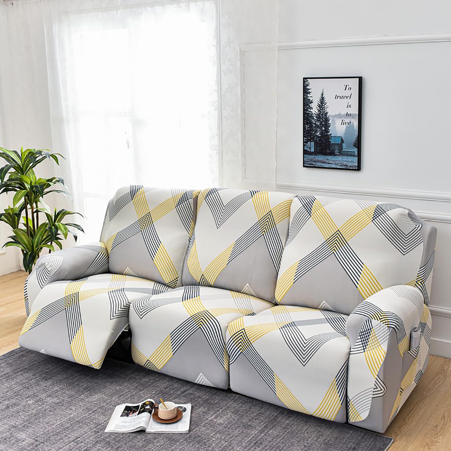 Premium Printed Recliner Sofa Cover : Yellow Curve