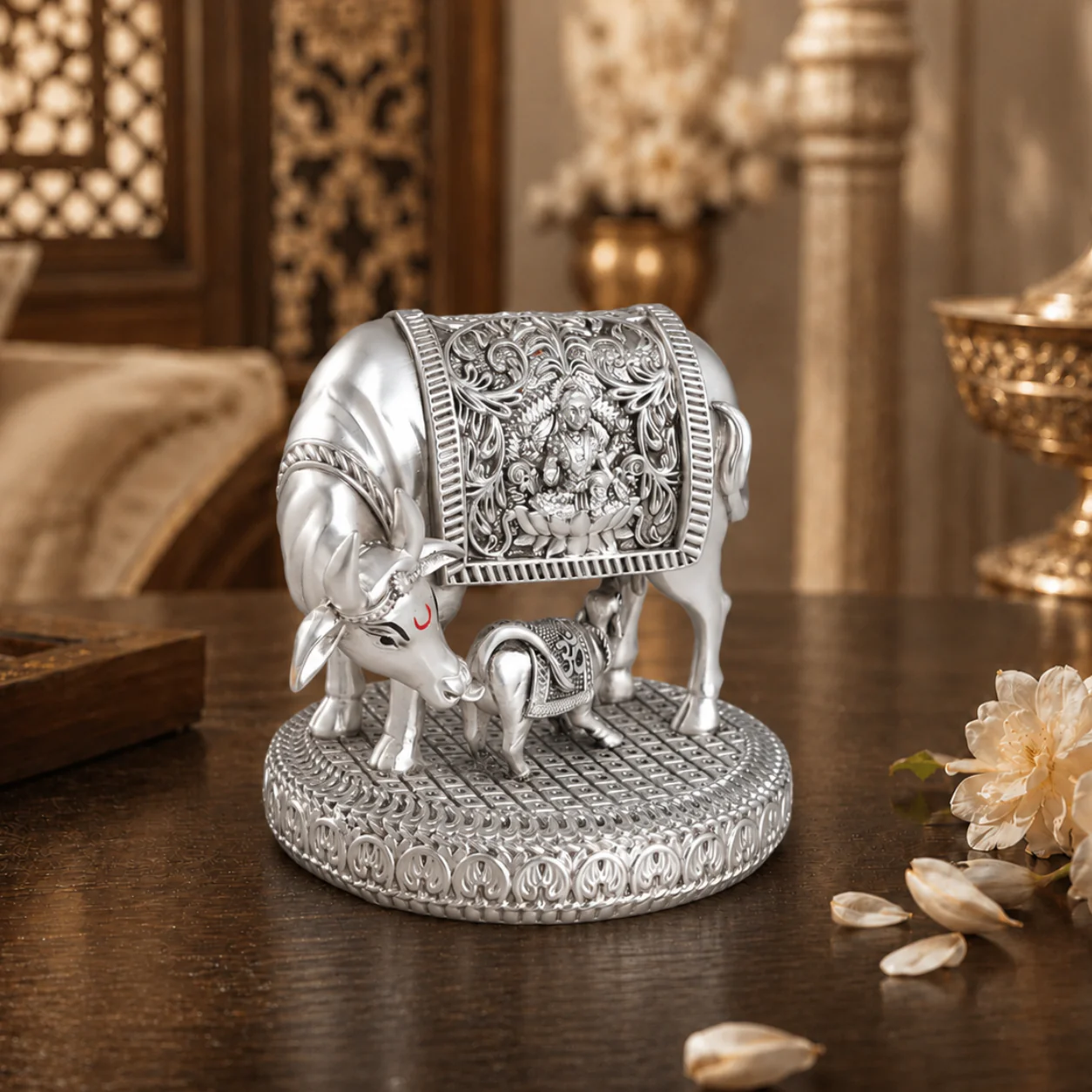 Silver plated Kamdhenu Cow with Calf Idol