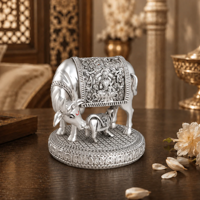 Silver plated Kamdhenu Cow with Calf Idol