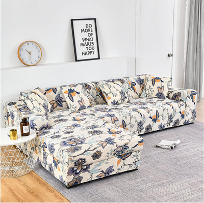 L Shape Sofa Cover - Beige Blue Flower