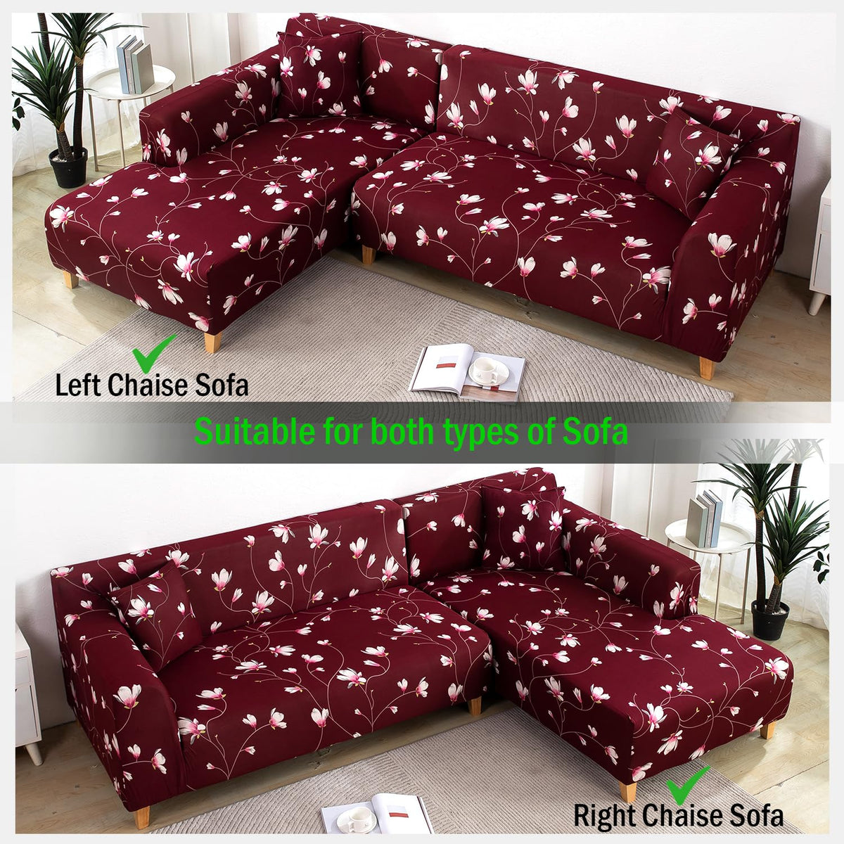 L Shape Sofa Cover - Floral Maroon