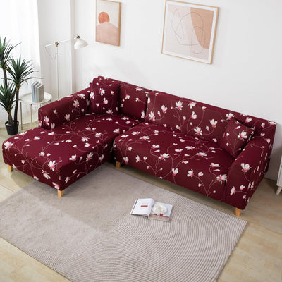 L Shape Sofa Cover - Floral Maroon