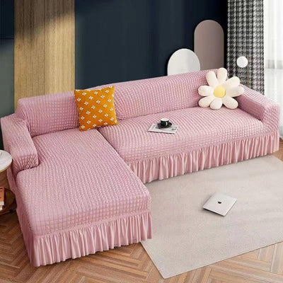 2025 L Shape Turkish Bubble Frill Sofa Covers : Blush Pink