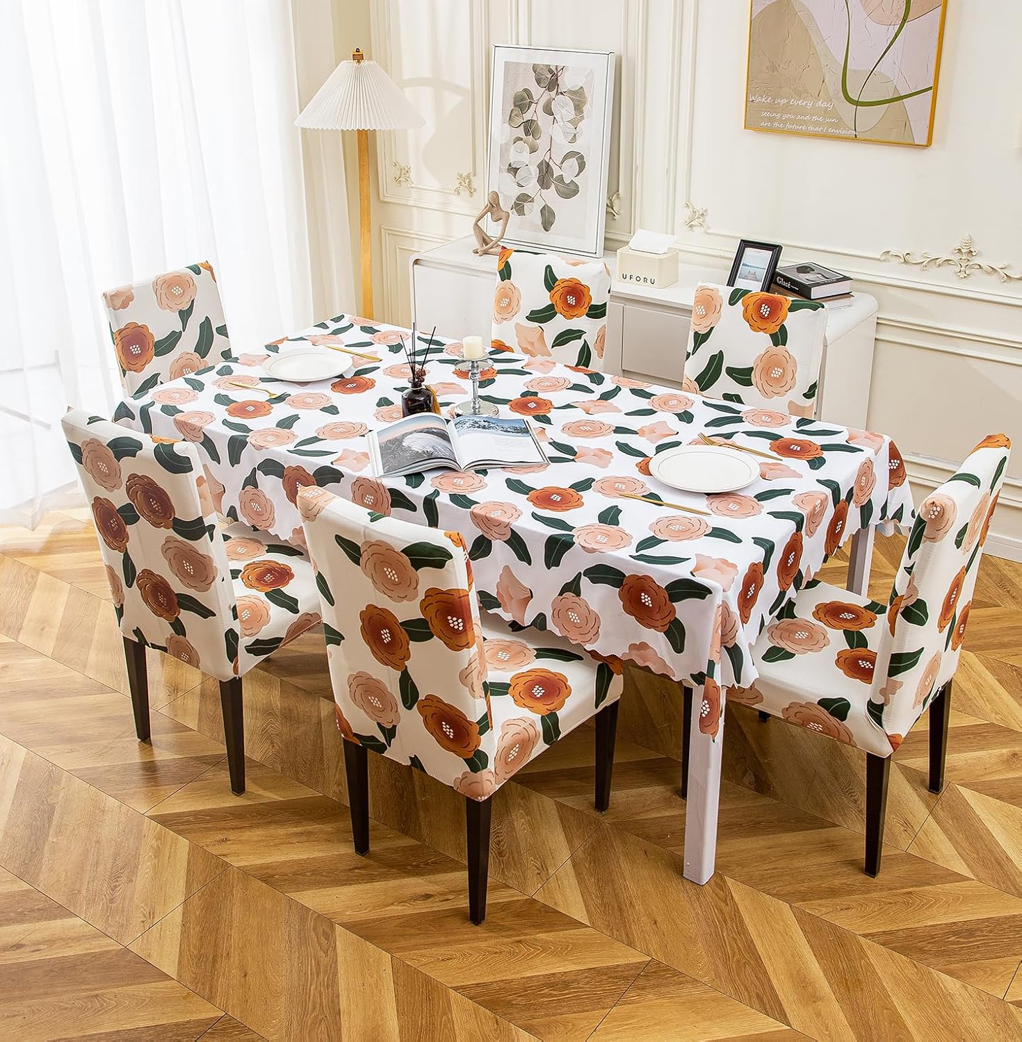 Premium Dining Table & Chair Cover Combo - White Brown Flower - Trendize