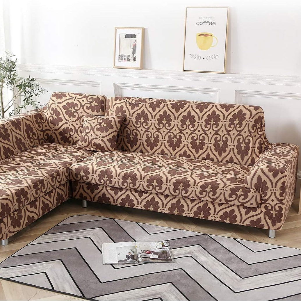 L Shape Sofa Cover - Cream Brocade