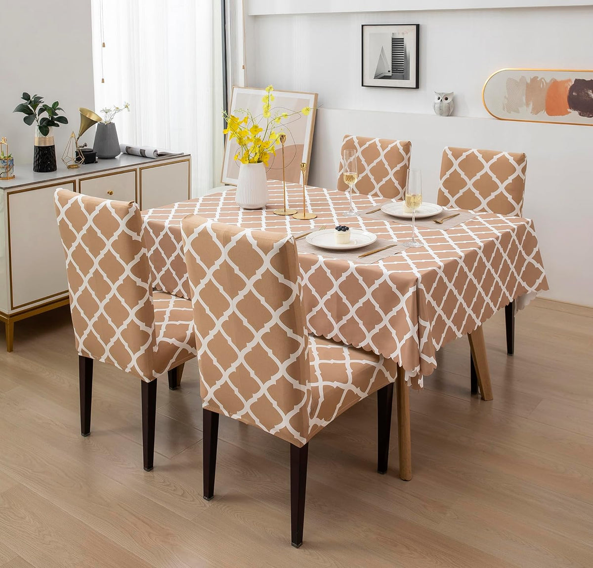 Premium Dining Table &amp; Chair Cover Combo - Diamond Beige