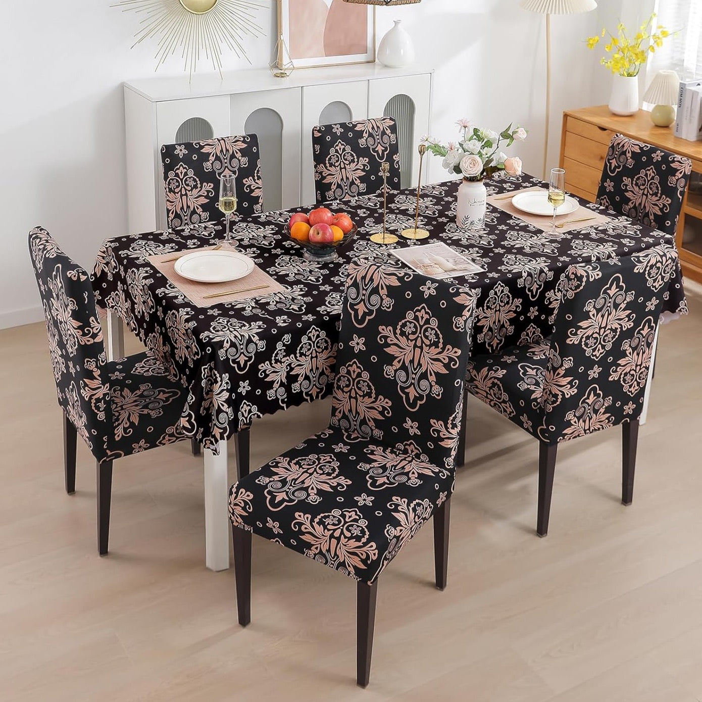 Premium Dining Table & Chair Cover Combo - Black Brocade
