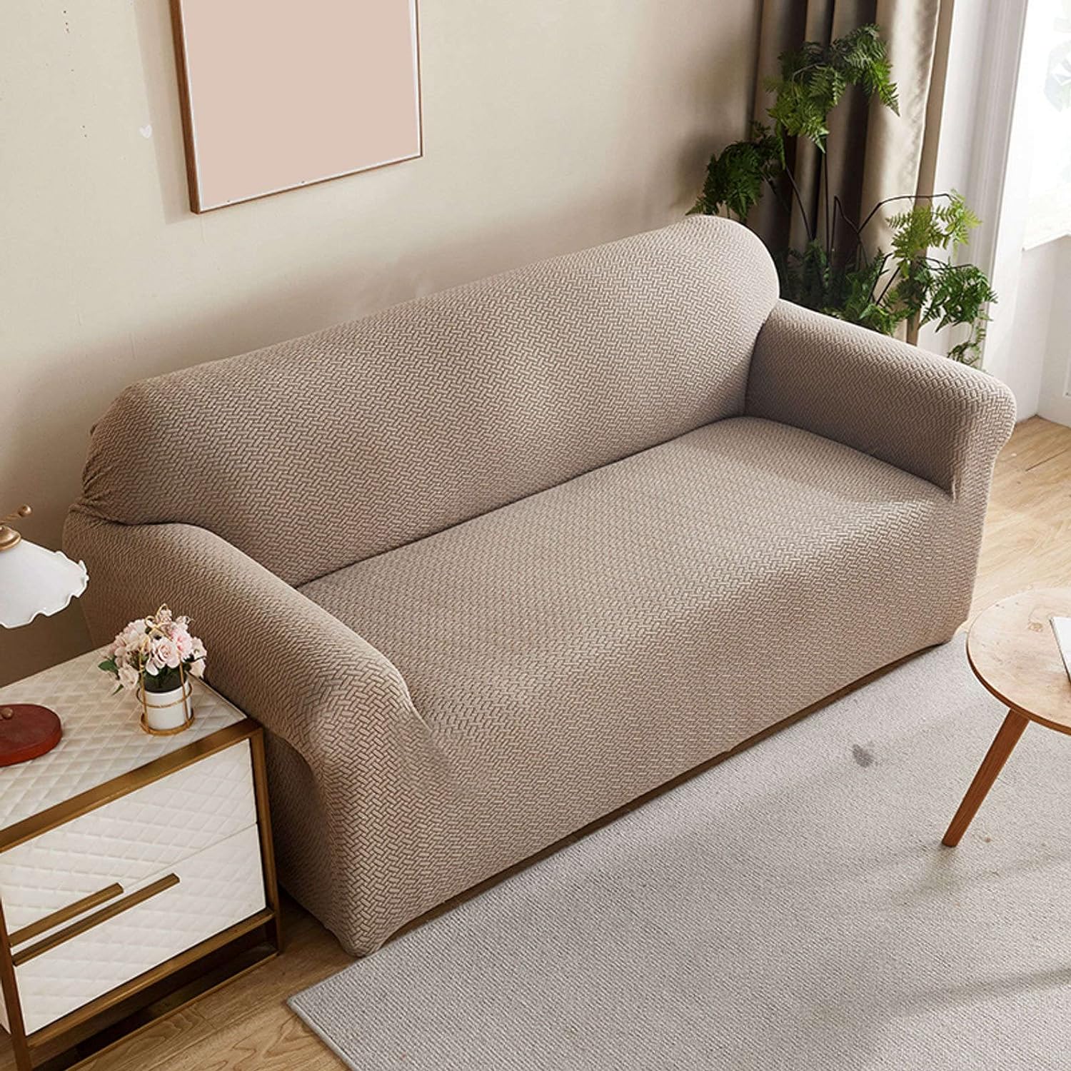 2026 L Shape Polar Fleece Sofa Cover : Khaki