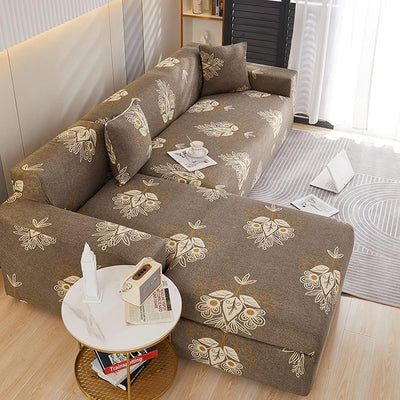 L Shape Sofa Cover - Beige Brocade