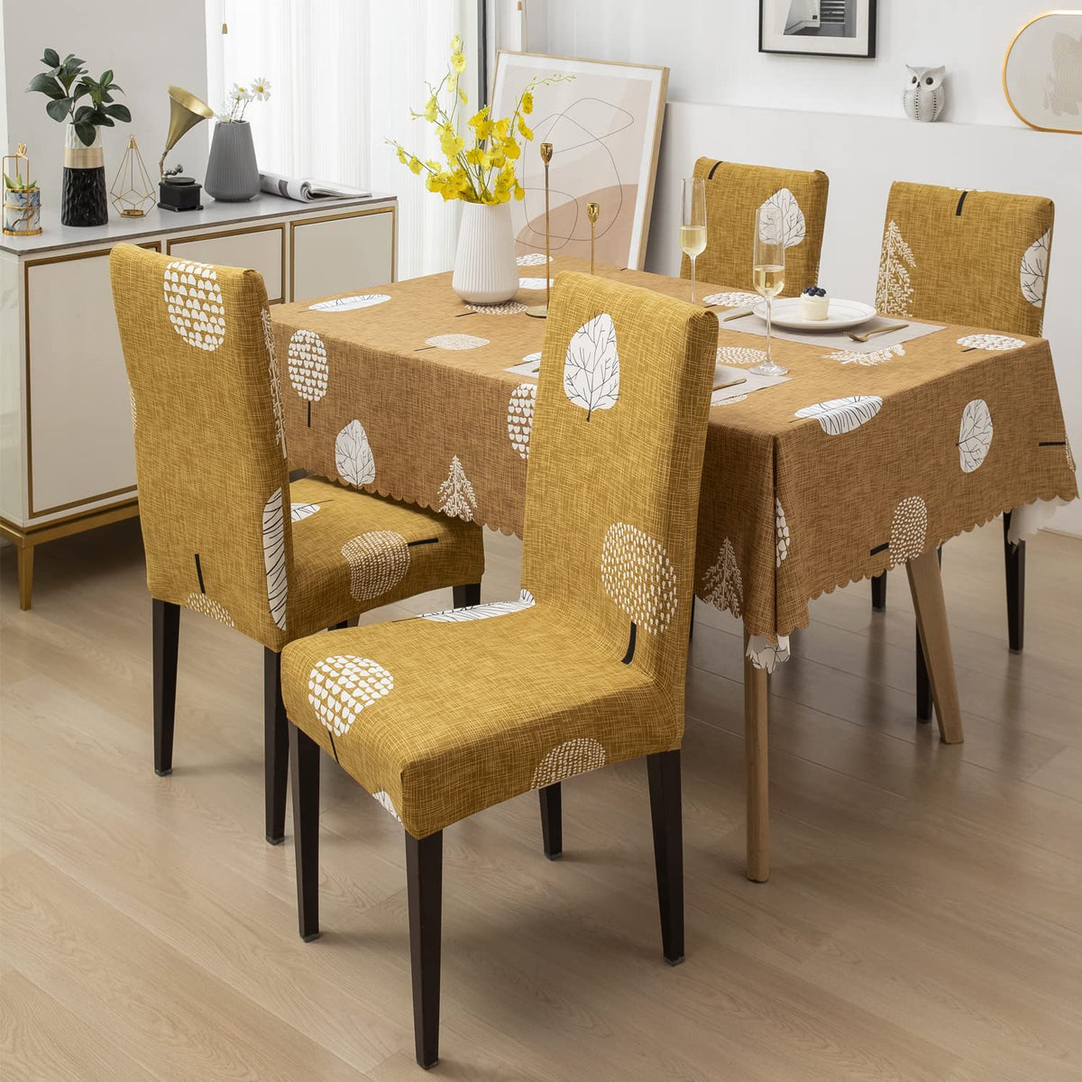 Premium Dining Table & Chair Cover Combo - Mustard Leaf