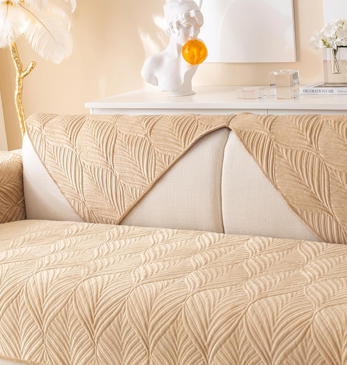 ANTI SKID PALM LEAVES QUILTED SOFA MAT  -  BEIGE