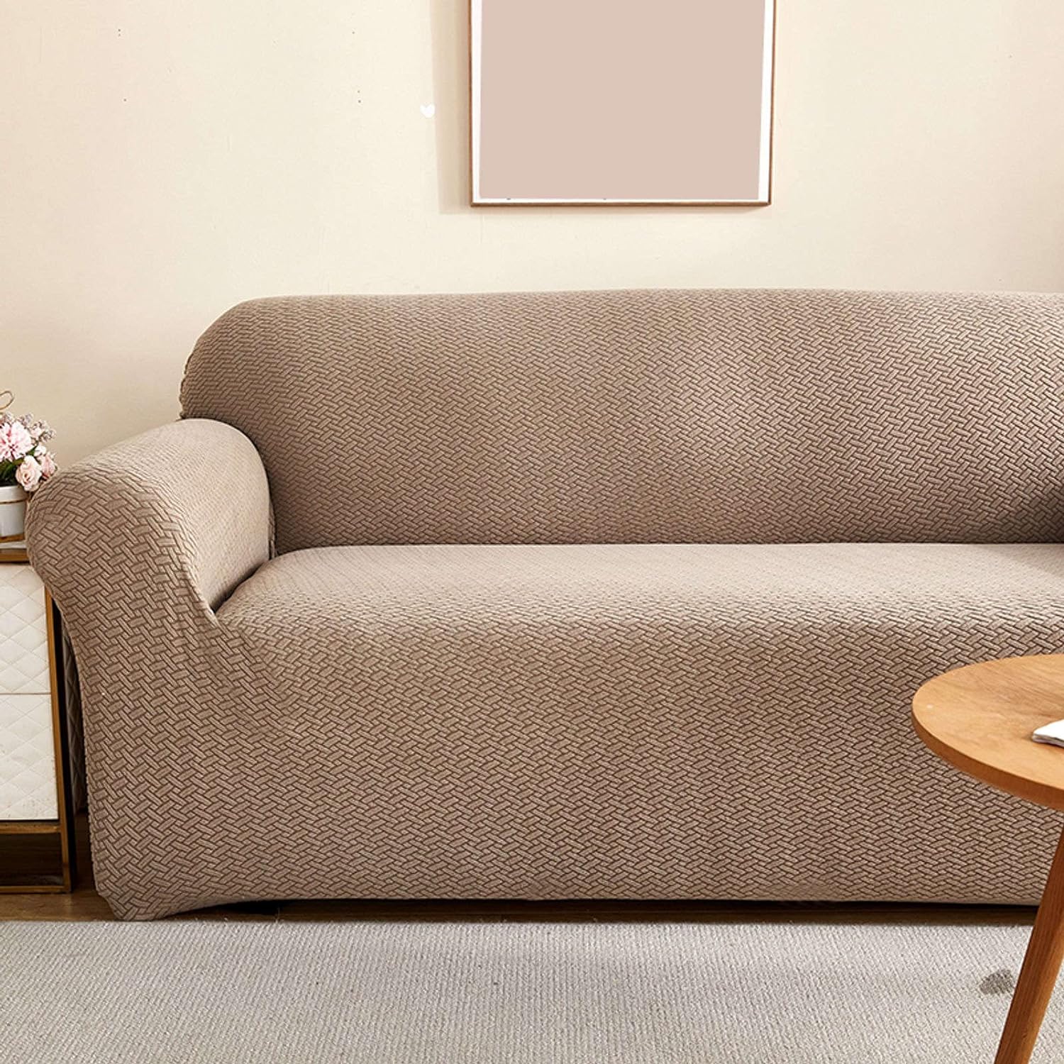 2026 L Shape Polar Fleece Sofa Cover : Khaki