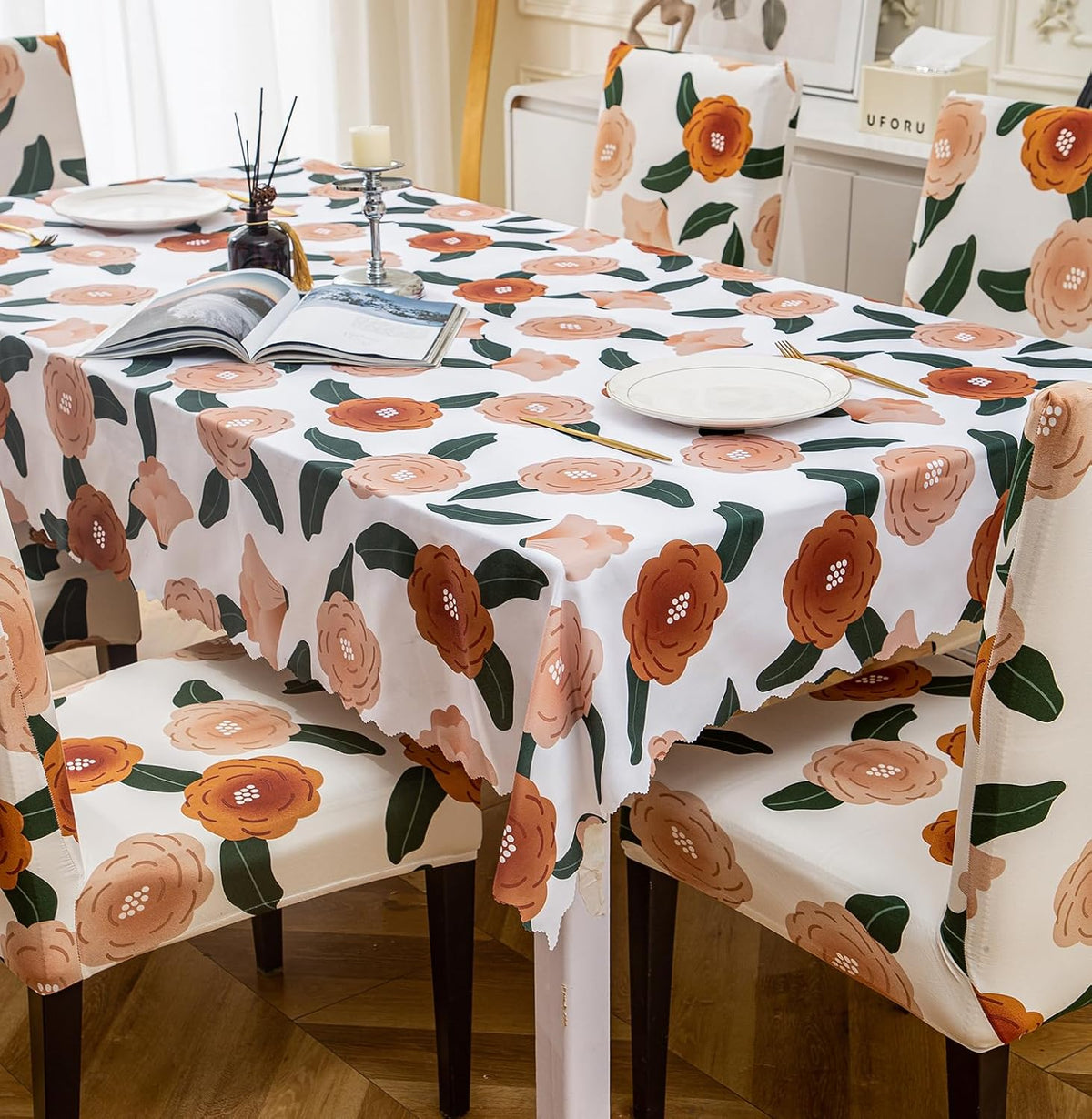 Premium Dining Table & Chair Cover Combo - White Brown Flower