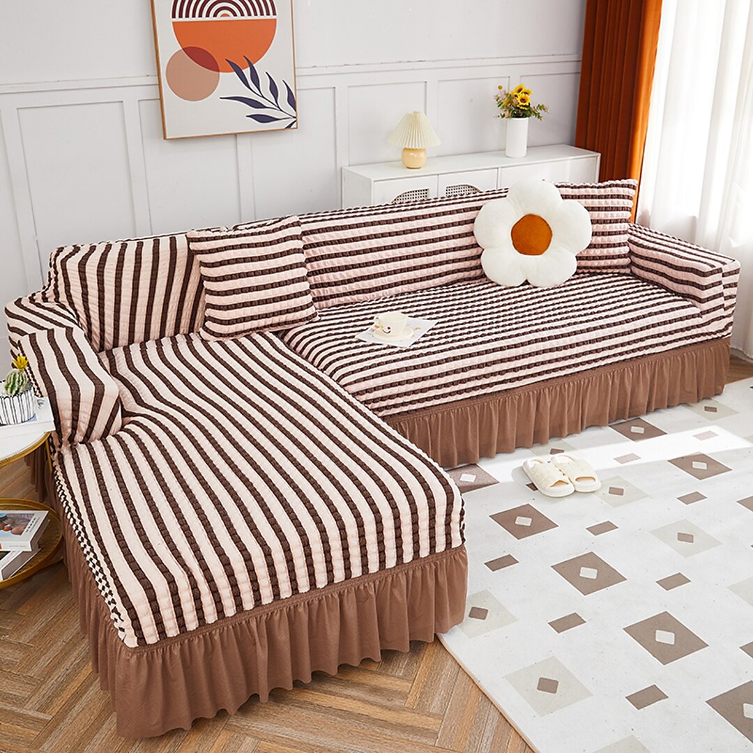 2026 L Shape Turkish Bubble Frill Sofa Covers : Beige Brown Stripe