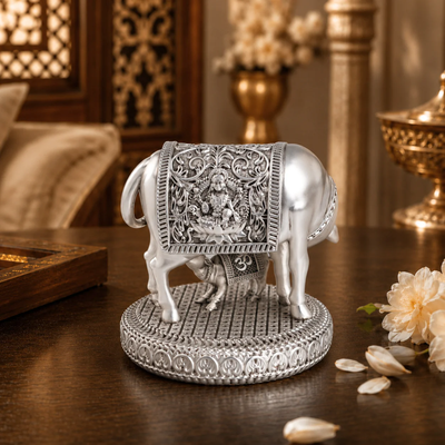 Silver plated Kamdhenu Cow with Calf Idol