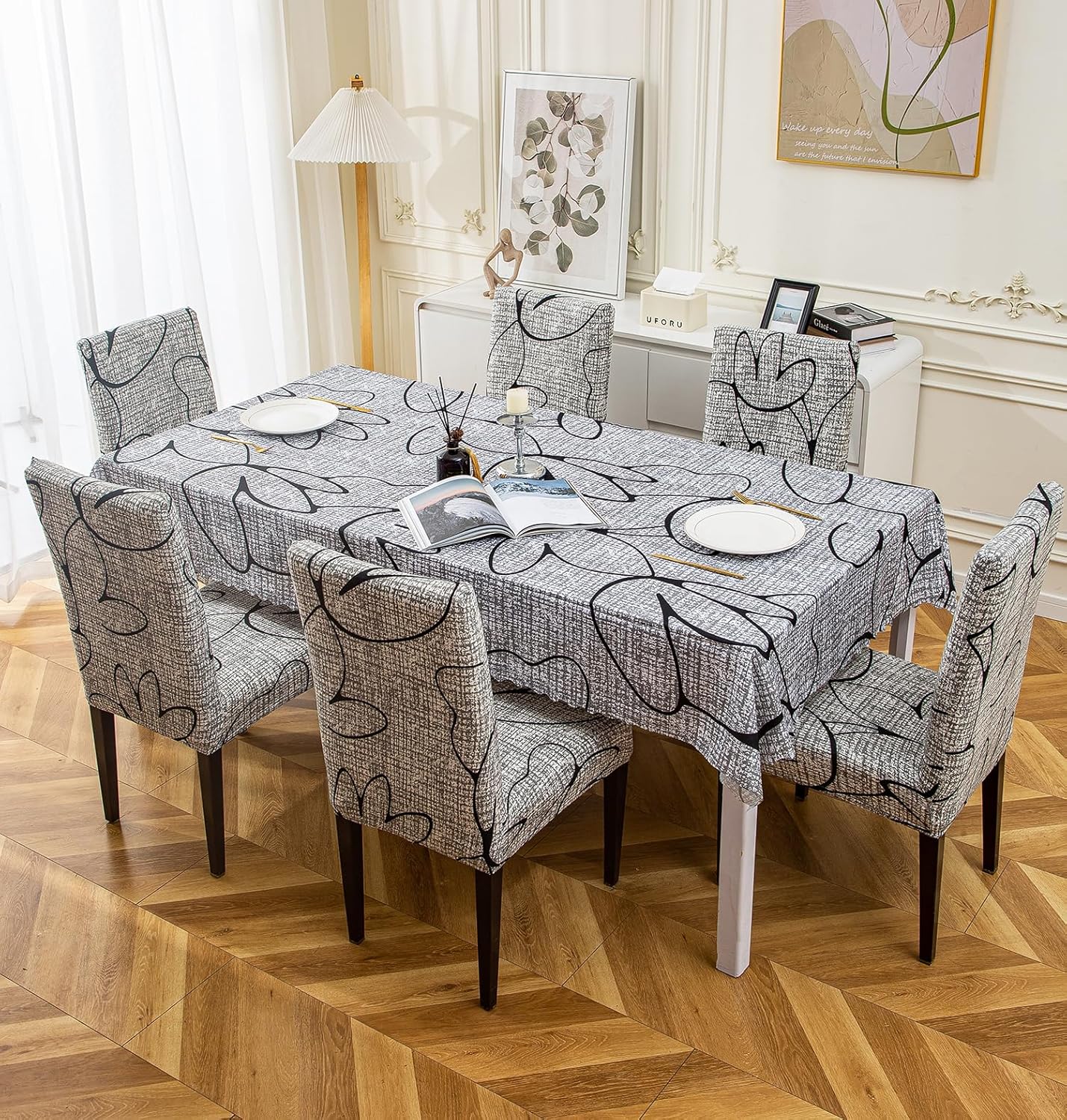 Premium Dining Table & Chair Cover Combo - Grey Bloom