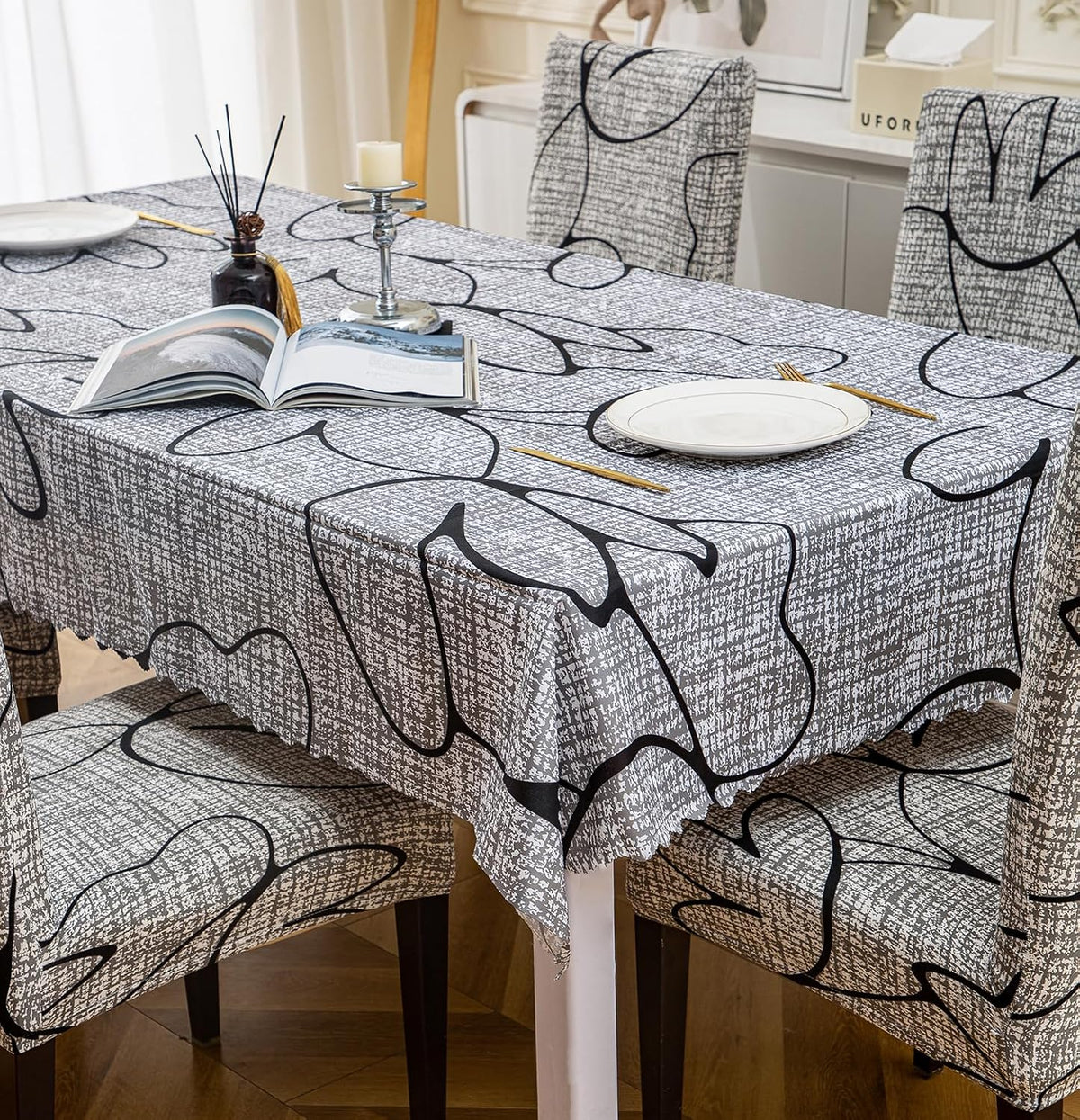 Premium Dining Table & Chair Cover Combo - Grey Bloom