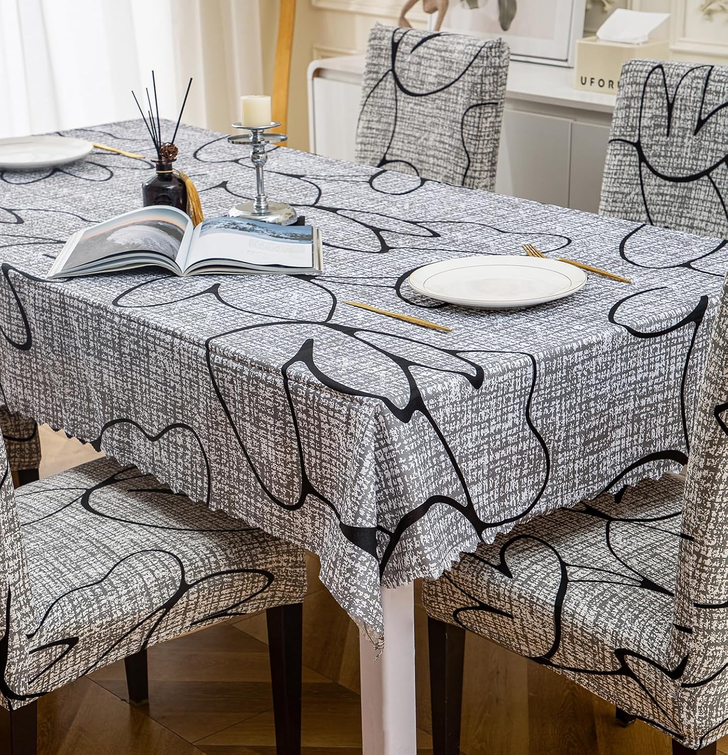 Premium Dining Table & Chair Cover Combo - Grey Bloom