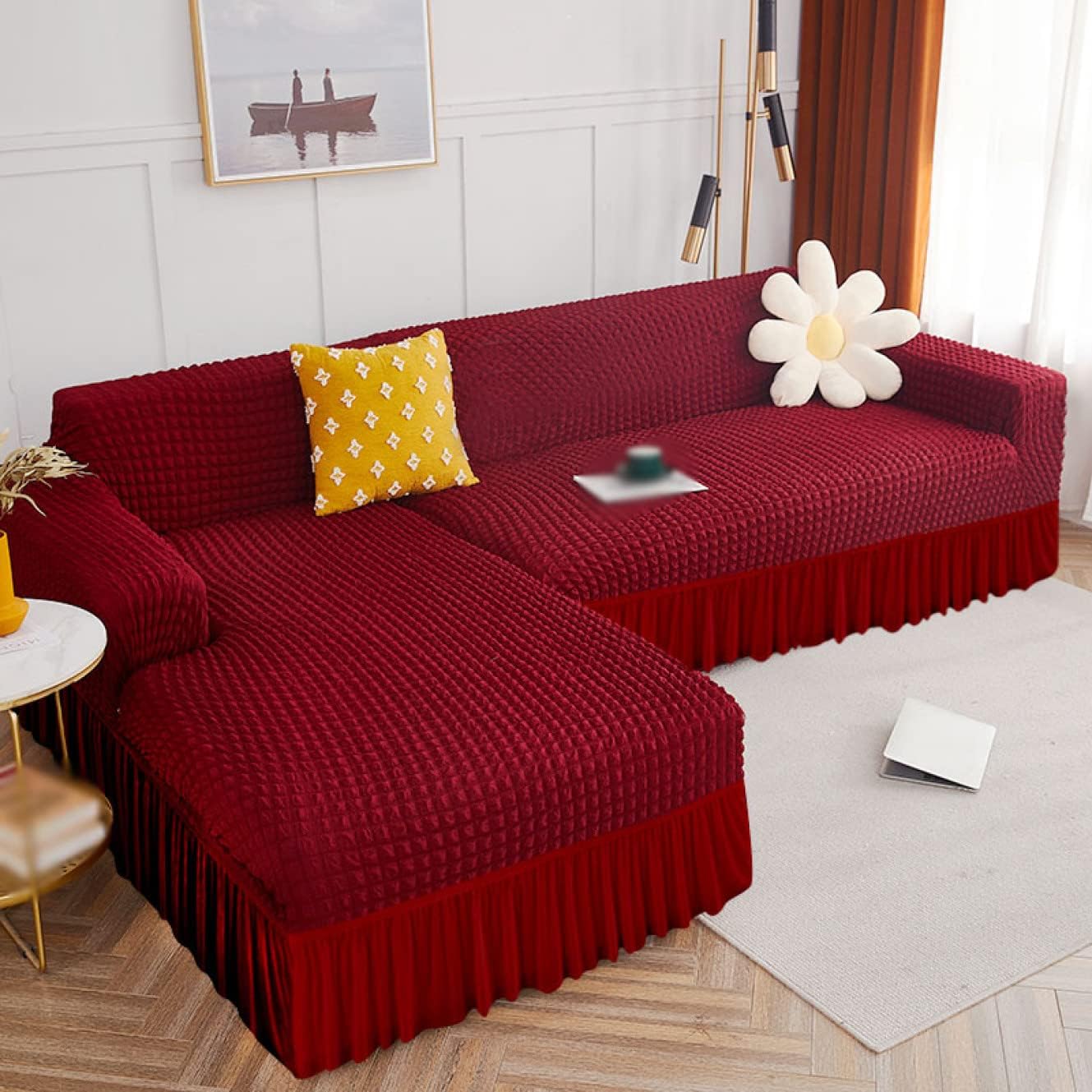 2024 L Shape Turkish Bubble Frill Sofa Covers : Maroon