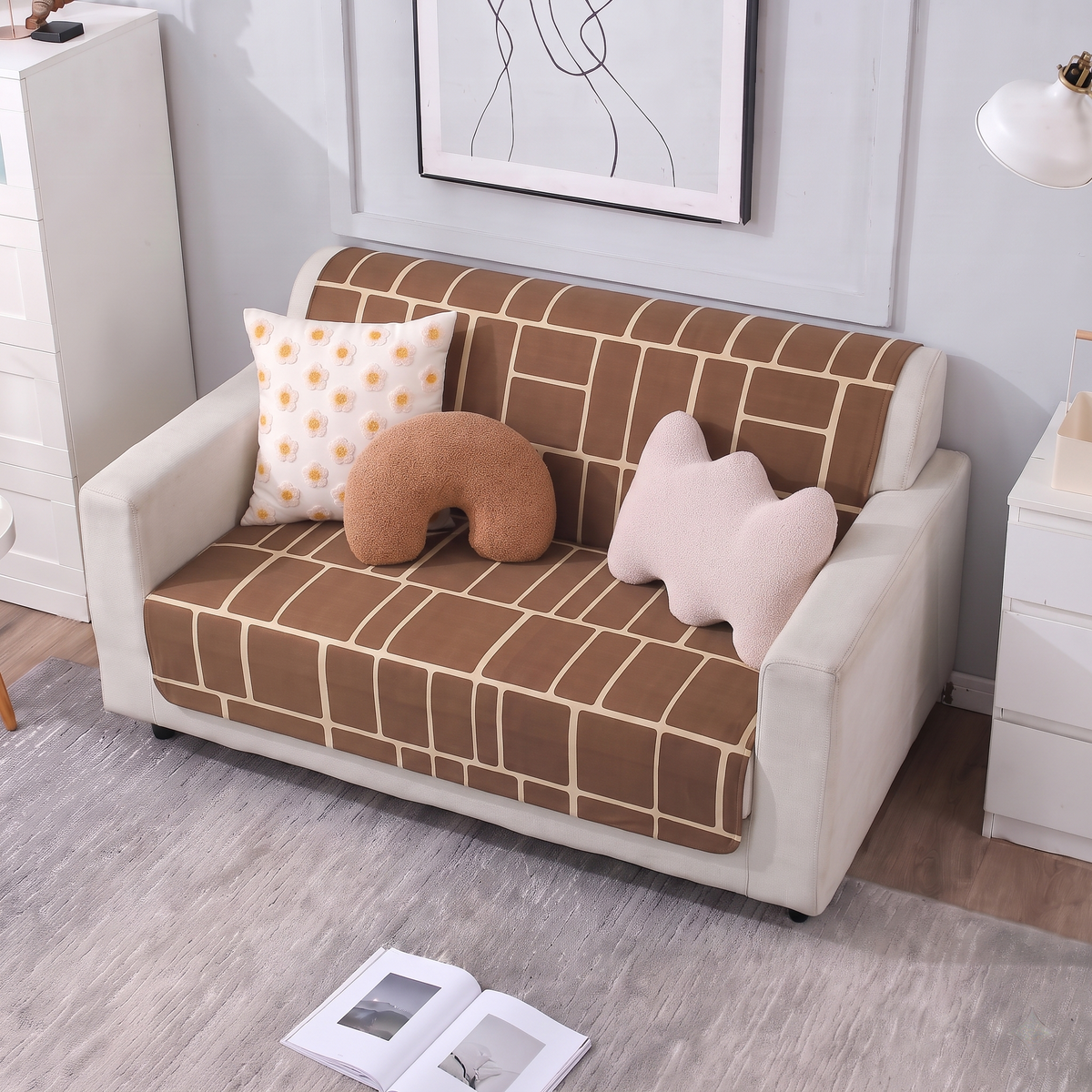 Luxury Anti-Skid Armless Sofa Mats - Mocha Grid