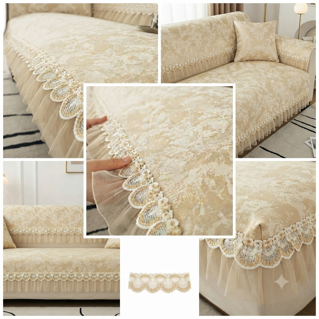 FLORAL ANTI SKID LACE SOFA MAT - ROYAL CREAM